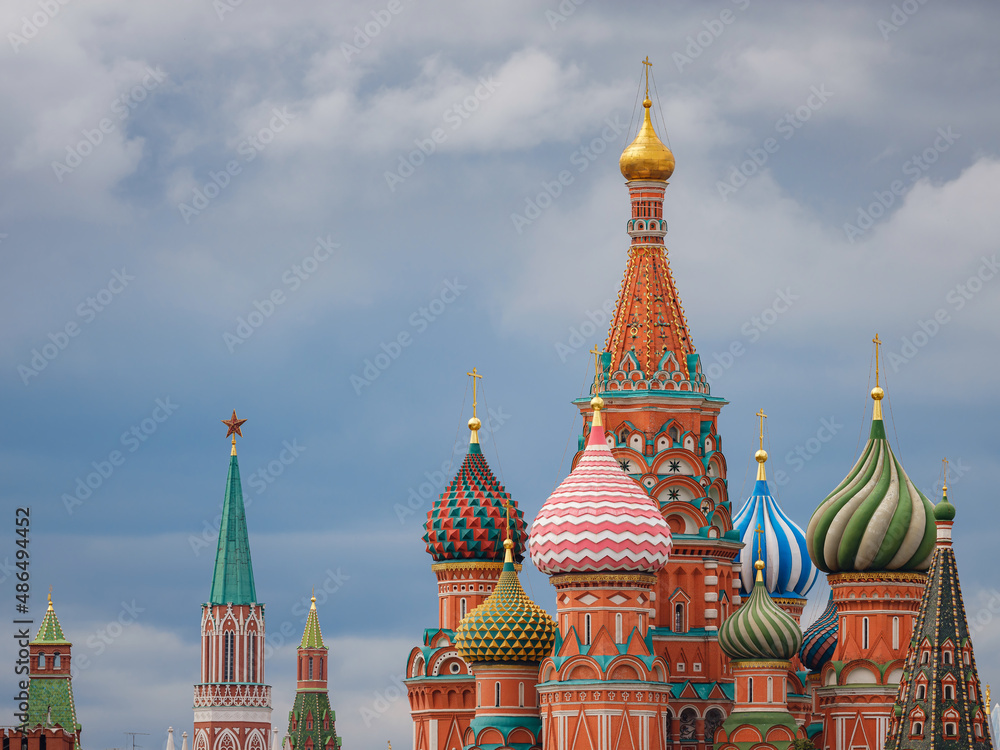travel to moscow, russia, main tourist attractions. Basil's Cathedral on Red Square in Moscow on a cloudy day