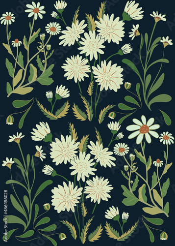 Daisy flowers seamless pattern. Cute floral seamless pattern. Beautiful chamomile print great for fabric, textile, wrapping paper. Vector illustration