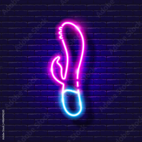 Dildo vibrator neon icon. Sex shop concept. Sex Toys for adults. Gadgets for love. Vector sign for design, website, signboard, banner, advertisement.