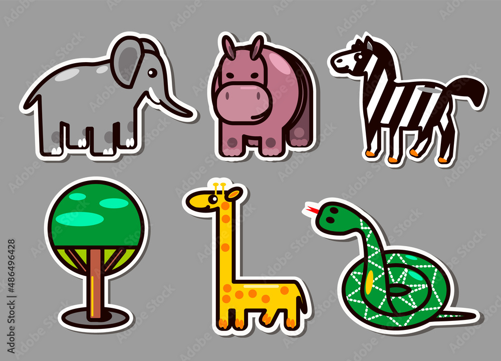 Funny images of savannah animals. A good-natured gray elephant, a bright tall giraffe, a well-fed hippopotamus, a cheerful zebra, a flexible green snake and a stylized acacia. Funny images of savannah animals. A good-natured gray elephant, a bright tall giraffe, a well-fed hippopotamus, a cheerful zebra, a flexible green snake and a stylized acacia.