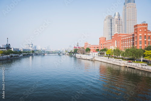 Tianjin, China, is a city center with roads, rivers and characteristic buildings.