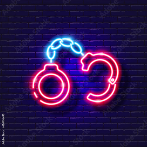 Handcuffs for bdsm neon icon. Sex shop concept. Toys for adults. Gadgets for love. Vector sign for design, website, signboard, banner, advertisement.