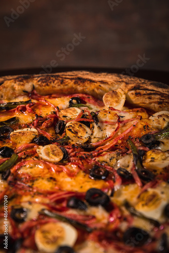 Perfect Pasta Classic Pizza Homemade Artisan Bacon Tomato Sauce Sausage Sweet Melted Cheese Onion Chicken Meat Shrimp Menu Gourmet on a Dark Background