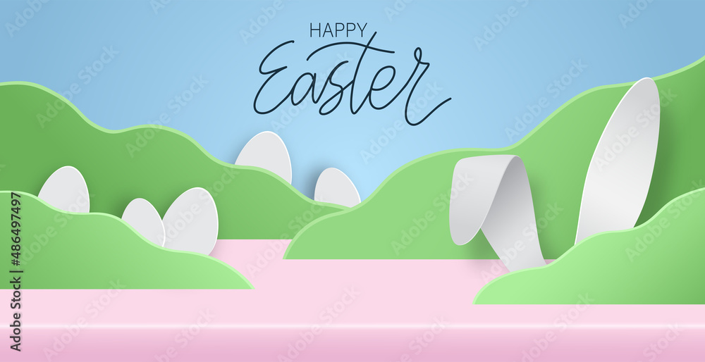 Happy Easter banner with cute bunny ears and eggs. Vector 3d abstract paper cut illustration. Copy space. Festive design studio table room product display with Easter rabbit on blue background.