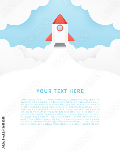 Space rocket launch. Paper art of rocket flying to the sky. Design for banner, flyer, background, poster. Paper cut style. Vector illustration.