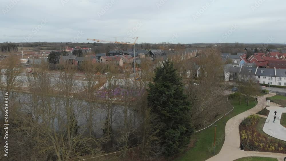 Aerial view of new housing development flying right Aerial view of new housing development flying right