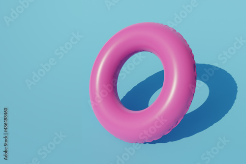Pink ring floating on blue pastel background. minimal summer concept. 3d render illustration