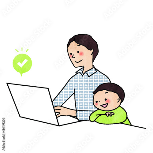 パソコンで予約を入れている親子
