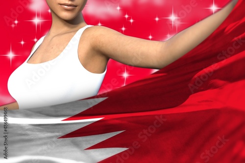 pretty woman holds Bahrain flag in front on the red colorful clouds - flag concept 3d illustration