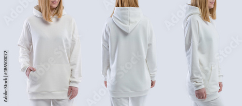 Template of a women's sweatshirt of white colors. Front view, side view, back view. Hoodie mockup photo