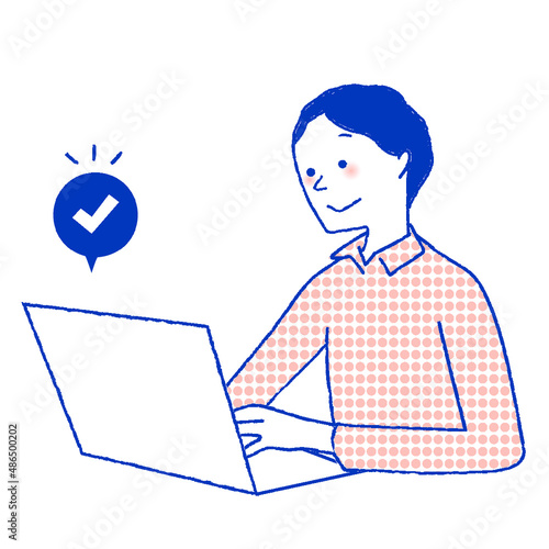 パソコンで予約を入れている男性