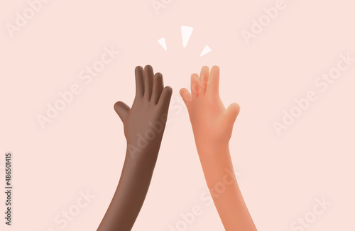 High five 3d cartoon hands vector illustration. Multiethnic friendship. Peace no war multi ethnic hands relationship