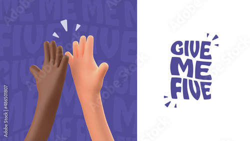 High five 3d cartoon hands vector illustration. Multiethnic friendship. Teamwork business success