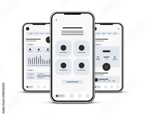 Set of UI UX Wireframes with 3d realistic smartphones, GUI screens any app flat design template for mobile apps, responsive website application wireframes. Web design UI kit.