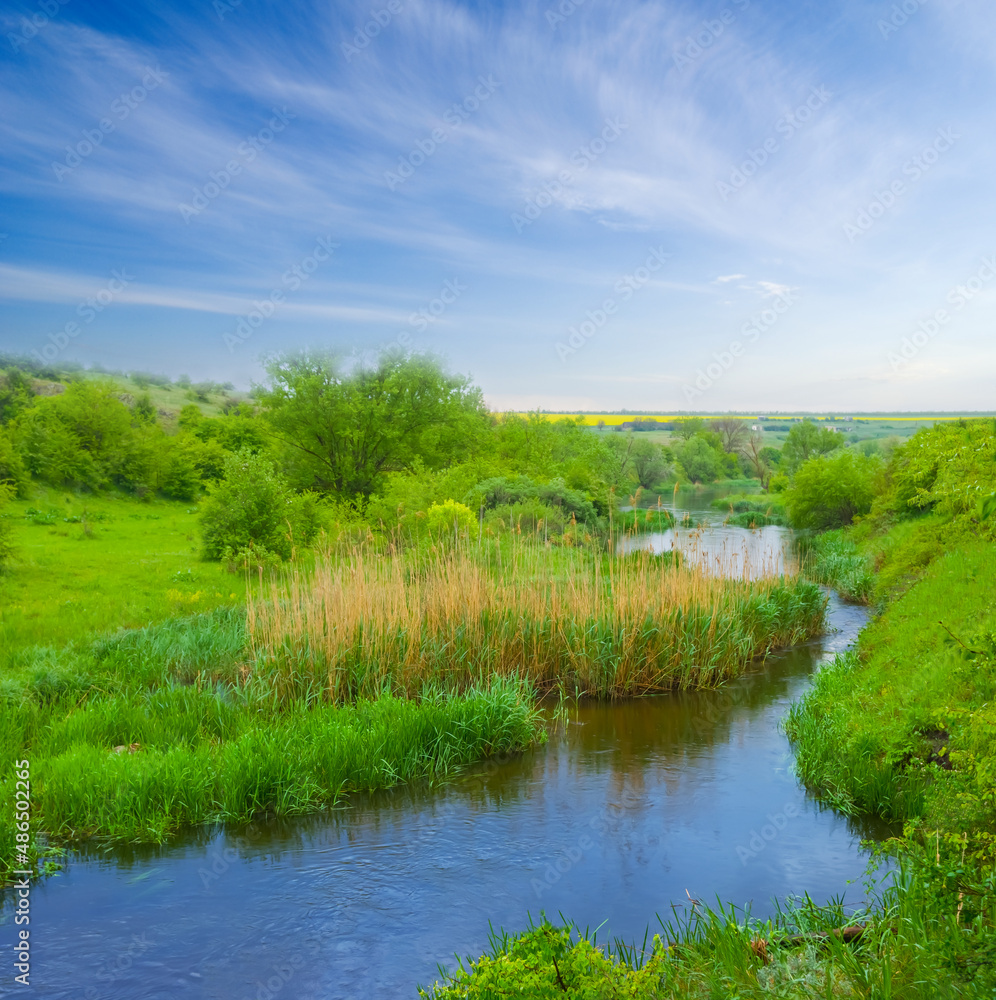 quiet river flow among green hills, outdoor summer natural scene quiet river flow among green hills, outdoor summer natural scene