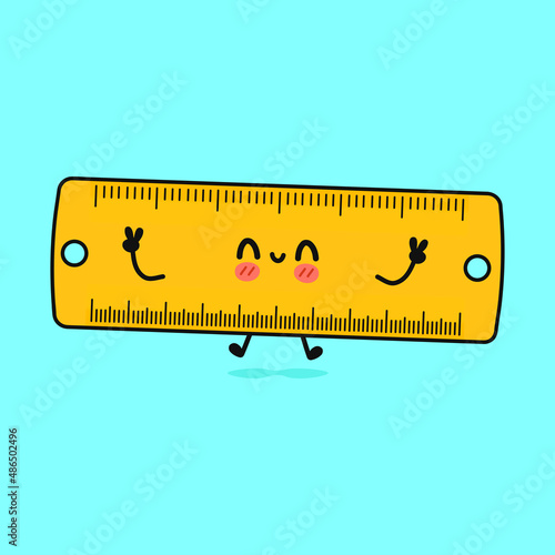 Cute funny jumping ruler character. Vector hand drawn cartoon kawaii character illustration icon. Isolated on blue background. Happy ruler character concept