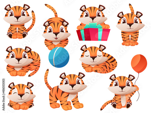 Cute tiger cub cartoon character, funny animal. Set of cute little tiger characters with gift box, air balloon, celebrate, jump, stand, smile