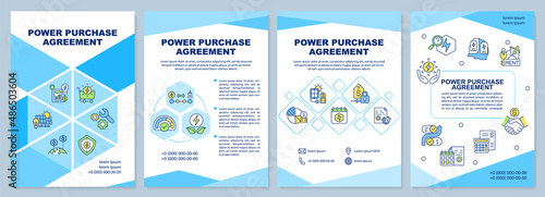 Power purchase agreement blue brochure template. Energy service. Leaflet design with linear icons. 4 vector layouts for presentation, annual reports. Arial-Black, Myriad Pro-Regular fonts used