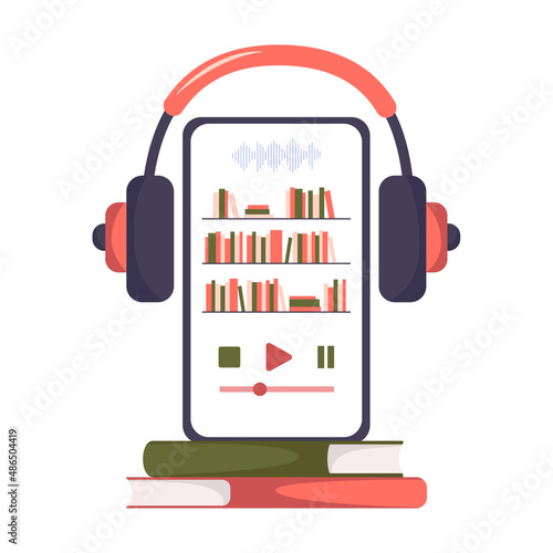 Logo of audio books. Screen of tablet or smartphone with books and headphones. Concept of electronic library, distance learning, education. Logo of digital online books app. Vector illustration	