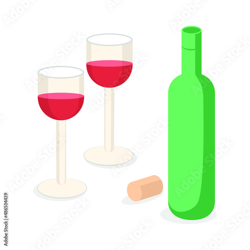 Wine degustation vector isometric illustration set with glasses of wine, bottle and cork.