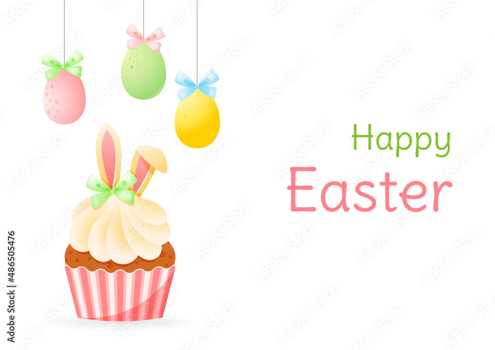 Cute Happy Easter greeting card. Gentle cartoon illustration of colorful eggs and a cupcake decorated with bunny ears. Vector 10 EPS.