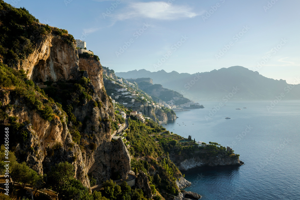 Panoramic view of the Amalfi coast. Clear sky. Beautiful sea view