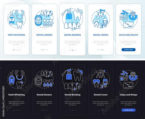Esthetic dentistry types night and day mode onboarding mobile app screen. Walkthrough 5 steps graphic instructions pages with linear concepts. UI, UX, GUI template. Myriad Pro-Bold, Regular fonts used