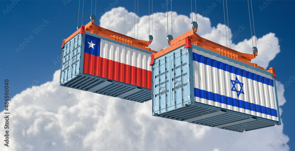 Freight containers with Chile and Israel national flags. 3D Rendering 