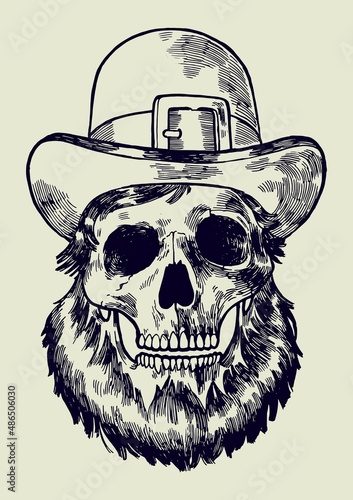 Leprechaun skull. Vintage drawing of human skull with a beard in a top hat. St. Patrick's day character vector illustration isolated.