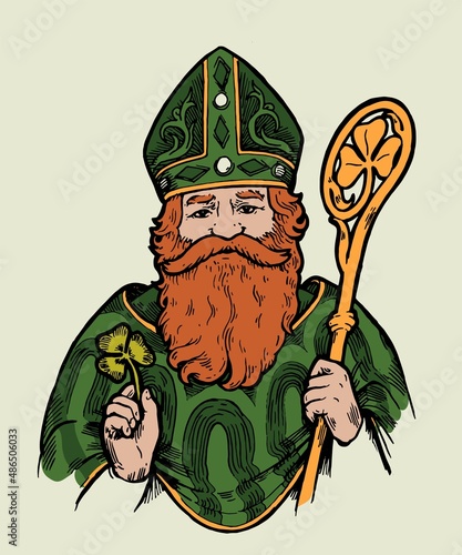 St.Patrick. Irish apostle with a staff and clover leaf. St. Patrick's day catholic character isolated vector illustration.