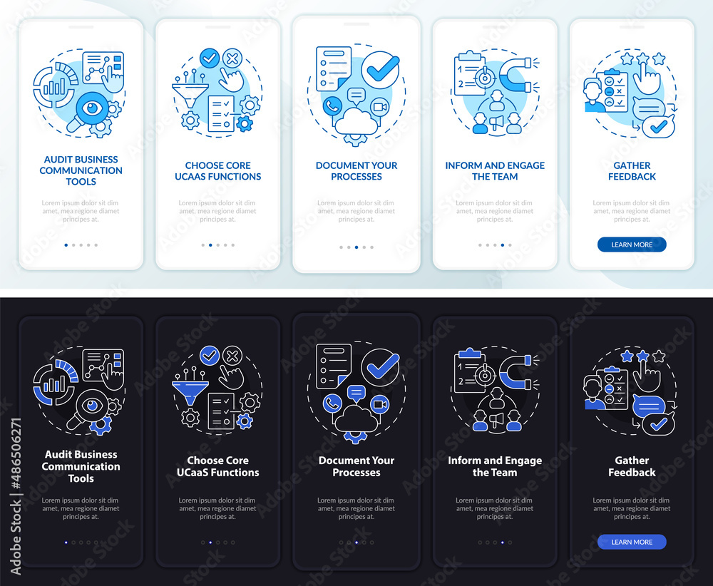 How to move to UCaaS night and day mode onboarding mobile app screen. Walkthrough 5 steps graphic instructions pages with linear concepts. UI, UX, GUI template. Myriad Pro-Bold, Regular fonts used