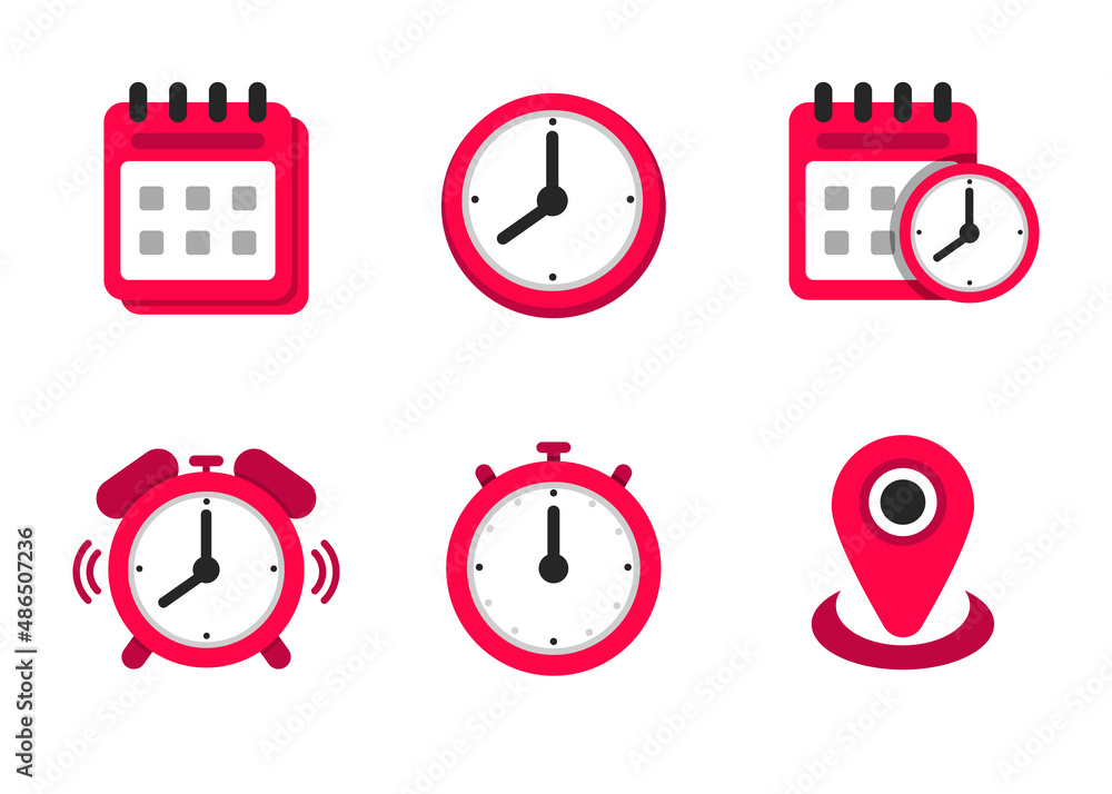 Simple calendar and clock vector illustration isolated on white background. Date and time icons in flat style - obrazy, fototapety, plakaty 