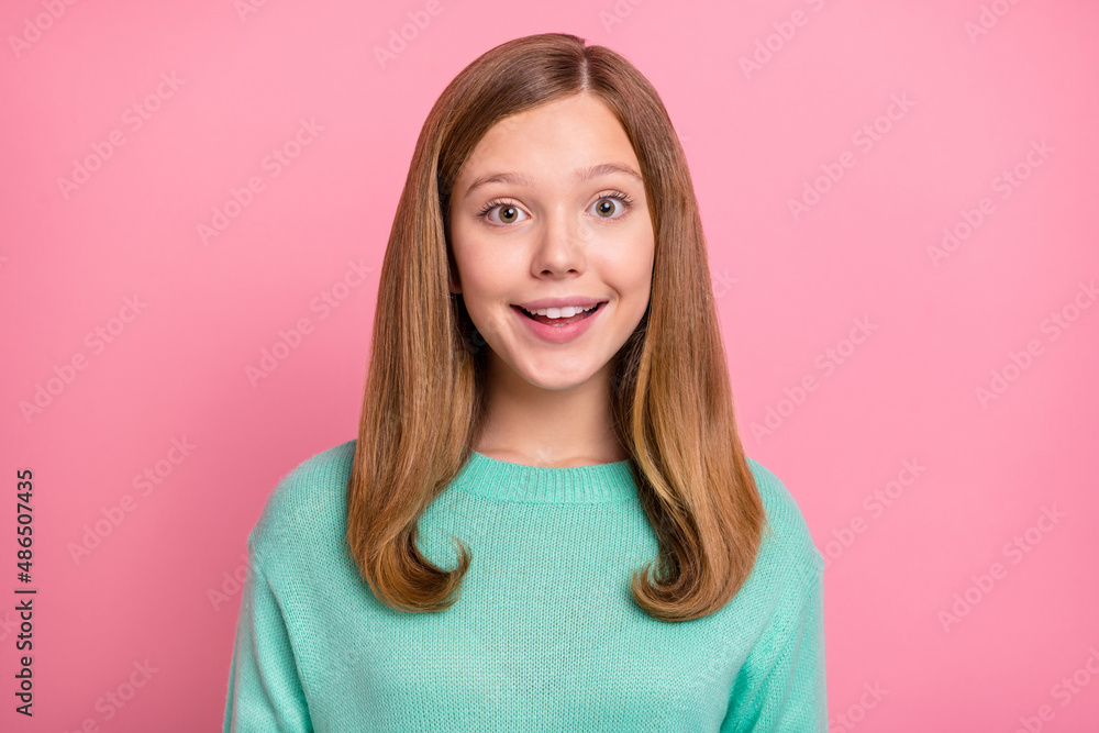 Photo of young cheerful lovely girl impressed face reaction good information isolated over pink color background Photo of young cheerful lovely girl impressed face reaction good information isolated over pink color background