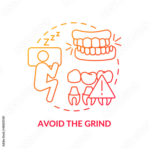 Avoid grind red gradient concept icon. Dental veneers aftercare abstract idea thin line illustration. Relaxing jaw muscles before bedtime. Isolated outline drawing. Myriad Pro-Bold font used