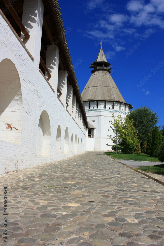 White walls and towers of a medieval fortress