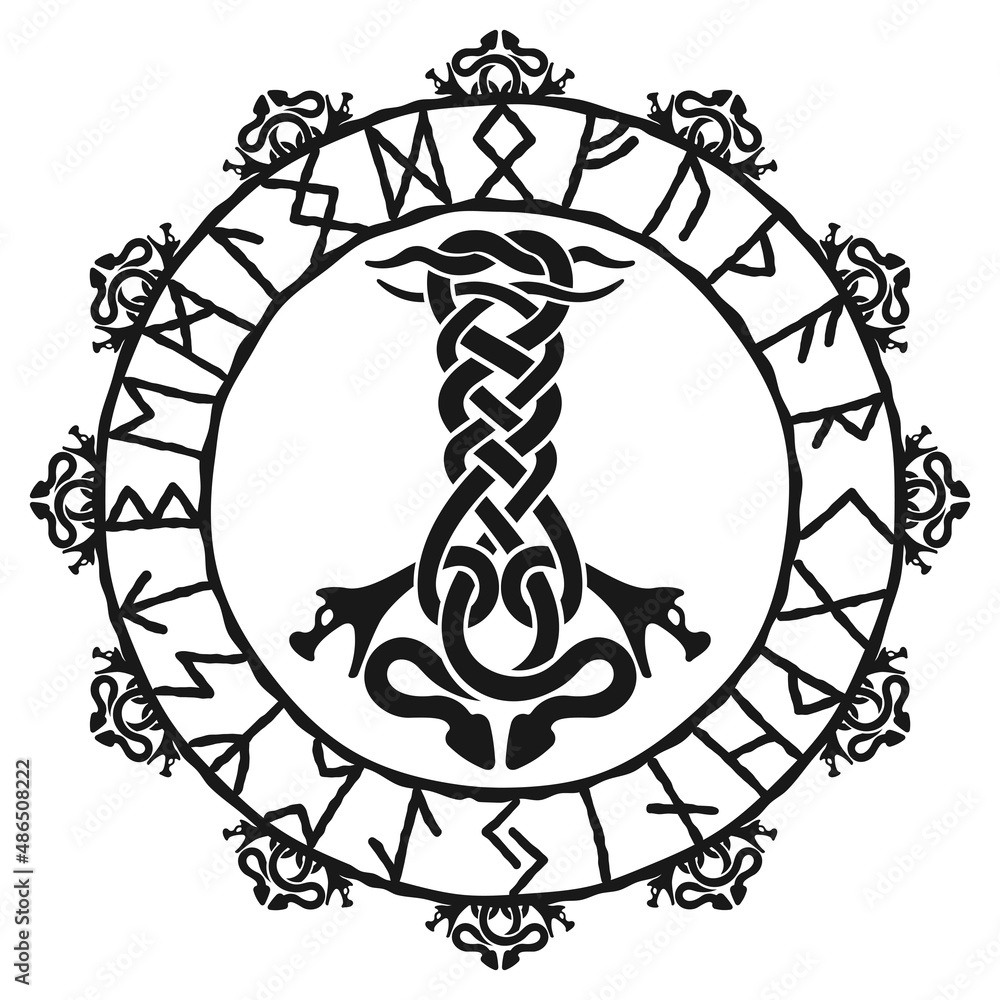 Thors hammer Mjolnir, drawing in celtic knot design. Norse runes circle ...