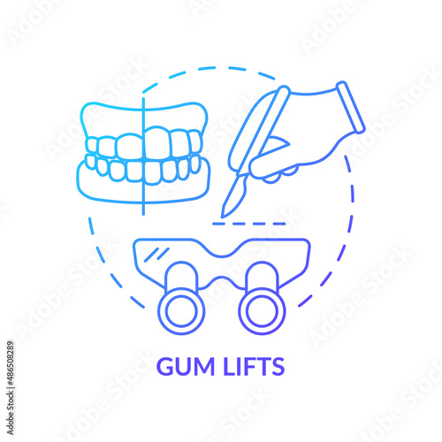 Gum lifts blue gradient concept icon. Cosmetic dentistry operation abstract idea thin line illustration. Reshaping gumline procedure. Isolated outline drawing. Myriad Pro-Bold font used