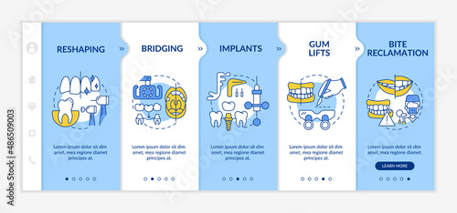 Cosmetic enhancement procedures blue onboarding template. Install implants. Responsive mobile website with linear concept icons. Web page walkthrough 5 step screens. Lato-Bold, Regular fonts used © bsd studio