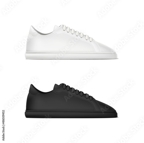 3d realistic vector icon. Set of running sneakers shoes in white and black color. Side view.