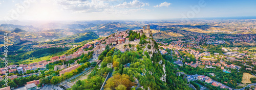  Rocca della Guaita, the most ancient fortress of San Marino, Italy. Great panorama from above.