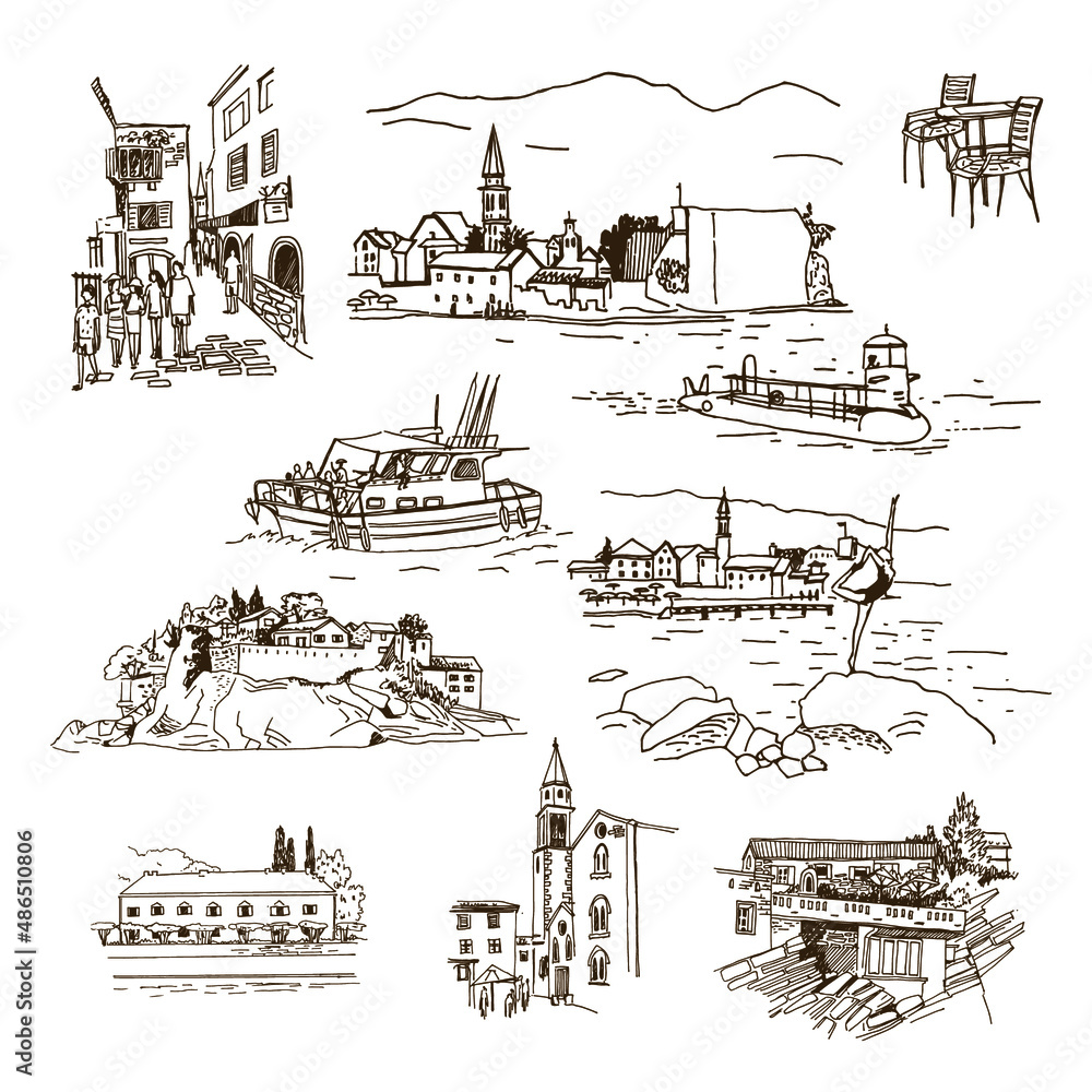 Vector sketches of Montenegro (Budva, San Stefan). Hand drawn old streets, boats, villas.