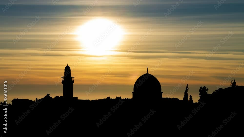 Panoramic Sunset view of Jerusalem Old City and Temple Mount, Time Lapse with Colorful Sky Panoramic Sunset view of Jerusalem Old City and Temple Mount, Time Lapse with Colorful Sky