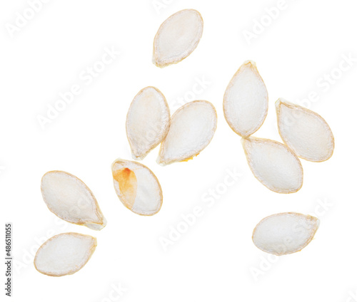 Close-up of pumpkin seeds on a white background. Macro