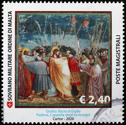 Canvas Print Kiss of Judas by Giotto on postage stamp
