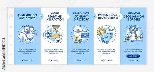 UCaaS benefits blue and white onboarding template. Business process. Responsive mobile website with linear concept icons. Web page walkthrough 5 step screens. Lato-Bold, Regular fonts used
