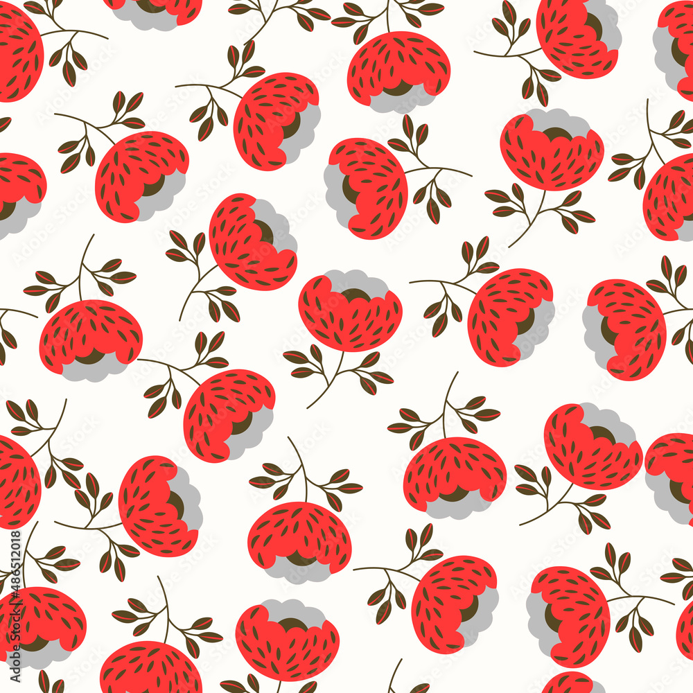 Seamless floral pattern based on traditional folk art ornaments. Colorful flowers on light background. Scandinavian style. Sweden nordic style. Vector illustration. Simple minimalistic pattern Seamless floral pattern based on traditional folk art ornaments. Colorful flowers on light background. Scandinavian style. Sweden nordic style. Vector illustration. Simple minimalistic pattern
