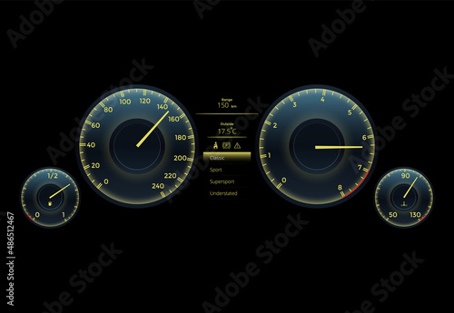 Realistic car dashboard speedometer and tachometer. Speed measure gauge. Motorbike or motorcycle speed indicator, counter on analog panel. Colorful infographic element