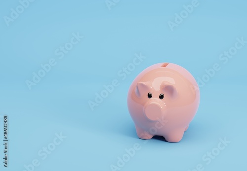 3D illustration, Pink Piggy Bank on blue background with copyspace.