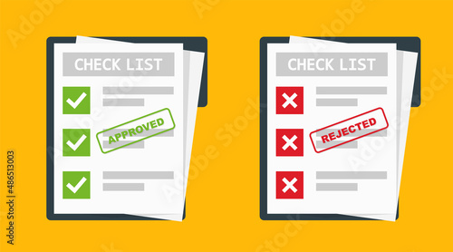 Approved and rejected paper document. Right and wrong report. Document with stamp green check mark and red cross. Vector illustration.
