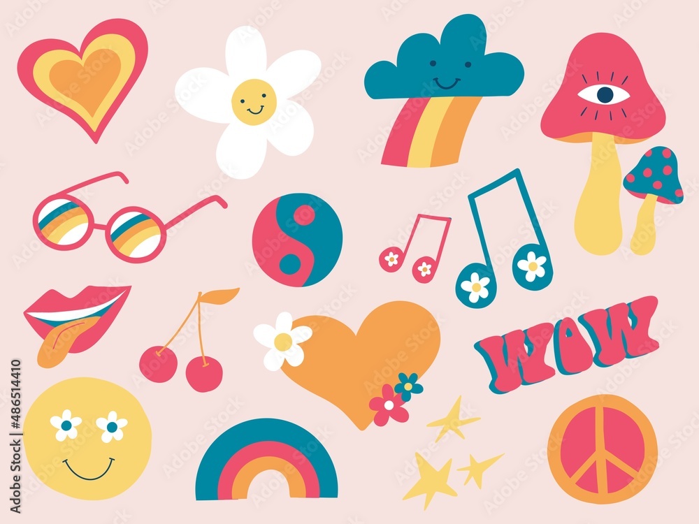 Naklejka premium Hippie retro vintage icons in 70s-80s style.